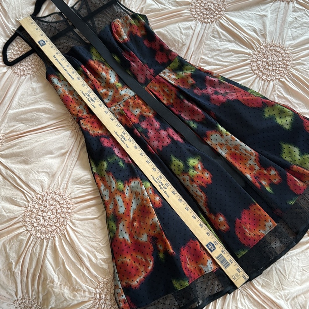 NEW Eliza J Navy Floral Dress with Black Sheer Polka Dot Mesh Ove… - Picture 14 of 16